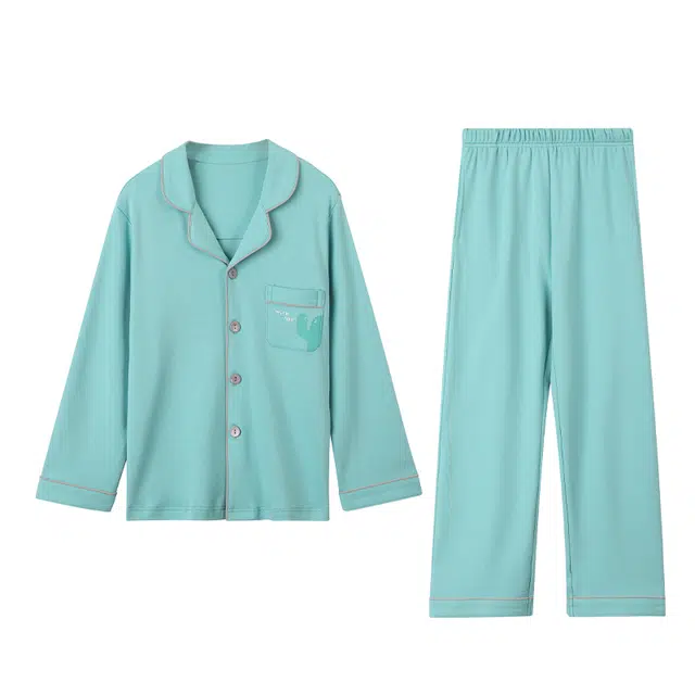 红豆 翻领长袖上衣纯色舒适长裤睡衣套装 儿童款