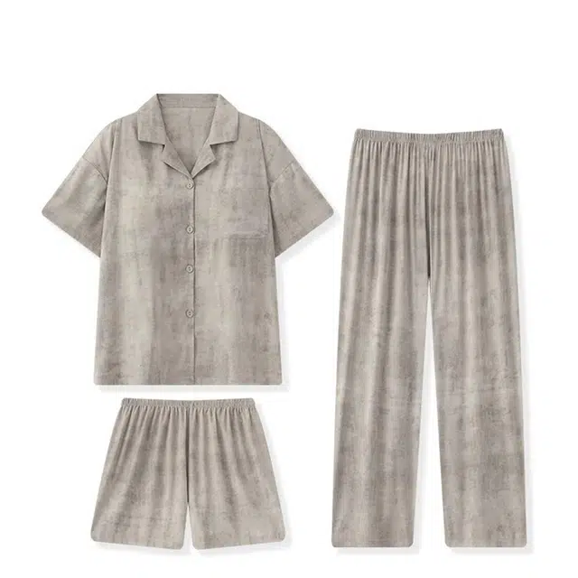 俏韵 翻领带胸垫短袖冰丝薄款凉感防凸点家居服可外穿睡衣套装 女款