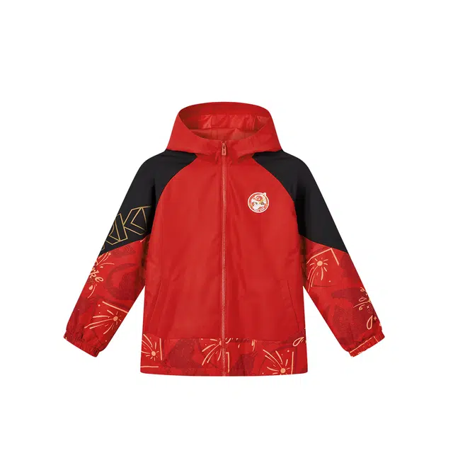 鸿星尔克儿童大衣 中国鸿系列 舒适亲肤连帽 东方红 青少年