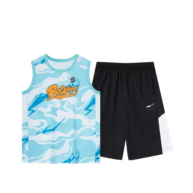 大童 鸿星尔克儿童 字母舒适柔软轻盈透气休闲运动套装 海域蓝色组