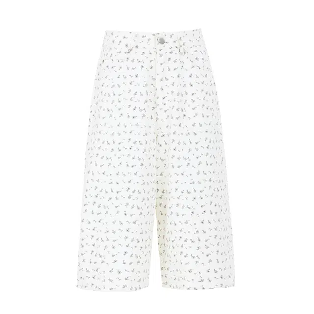 玫丝朵 小众设计百搭宽松直筒七分牛仔短裤 女款 白色碎花