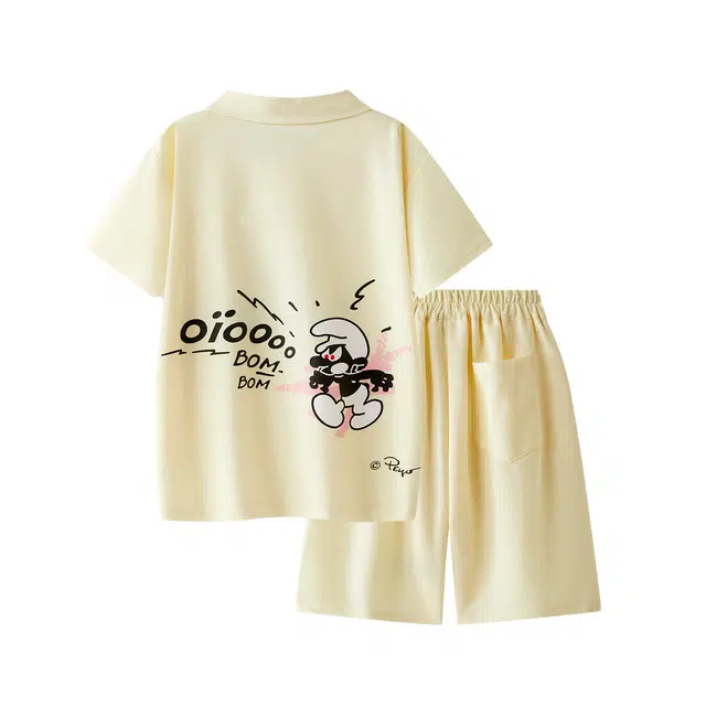 大童 蓝精灵 舒适柔软宽松简约休闲运动套装 米白