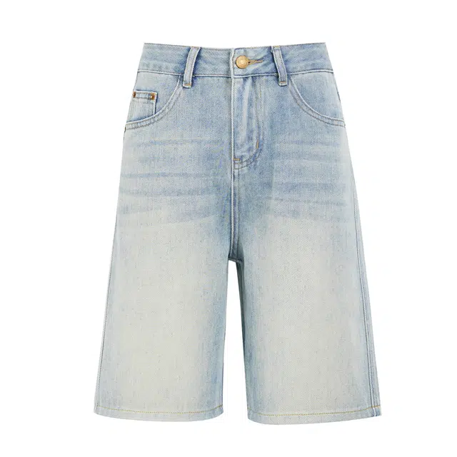玫丝朵 小个子休闲高腰显瘦宽松直筒牛仔短裤 女款 复古蓝