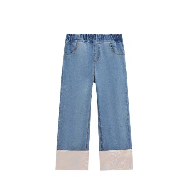 英氏 新中式宽松拼接舒适柔软直筒水洗牛仔裤 青少年
