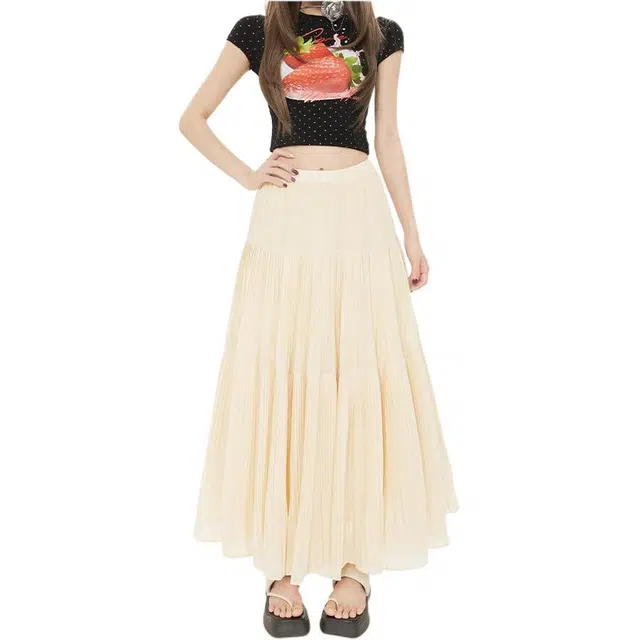 竺妃 温柔风百褶裙法式褶皱垂感大裙摆半身裙休闲长裙 女款