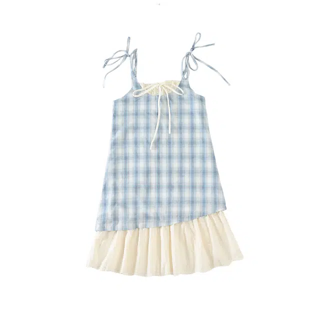 迷乐童堡连衣裙 洋气时髦休闲格纹吊带 蓝色 青少年