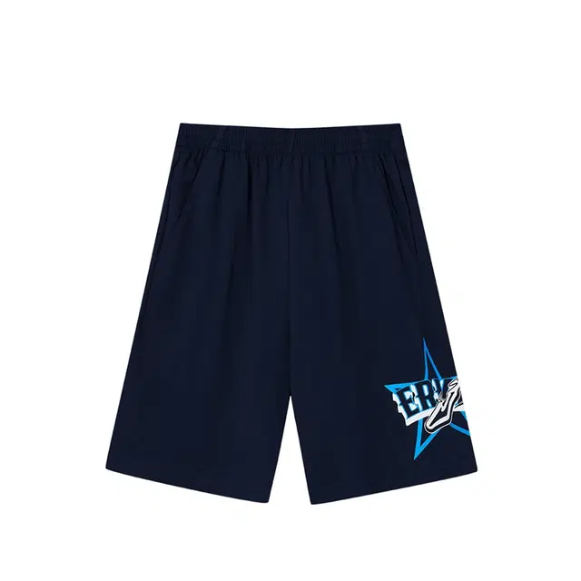 鸿星尔克儿童 印花字母中腰直筒宽松五分短裤 大童 蓝黑色