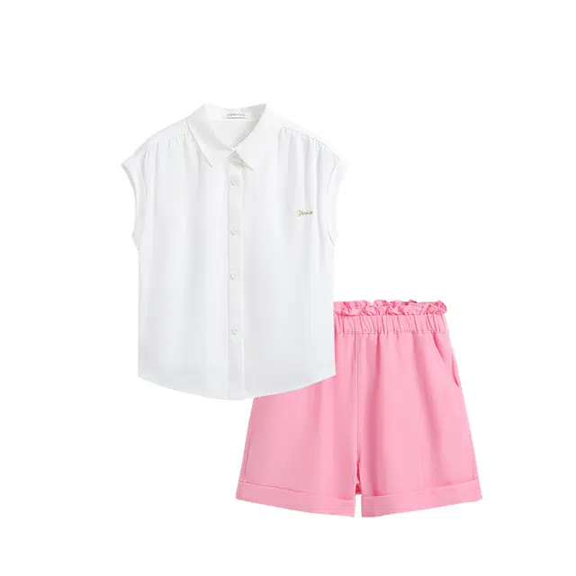 儿童款 【冰凉触感】英氏 天丝苎麻翻领衬衫短裤天然面料淑女风休闲运动套装