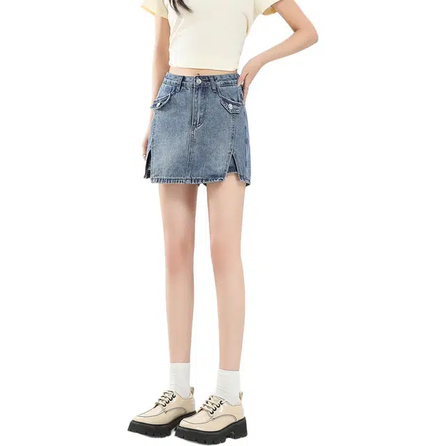 法文箱子 设计感假两件纯色高腰短款牛仔短裙 女款