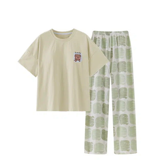 俏韵 简约圆领短袖七分裤带胸垫可外穿家居服睡衣套装 女款