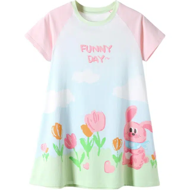 久岁伴 居家系列 柔软舒适薄荷曼波风短袖儿童连衣裙 青少年 糖果粉