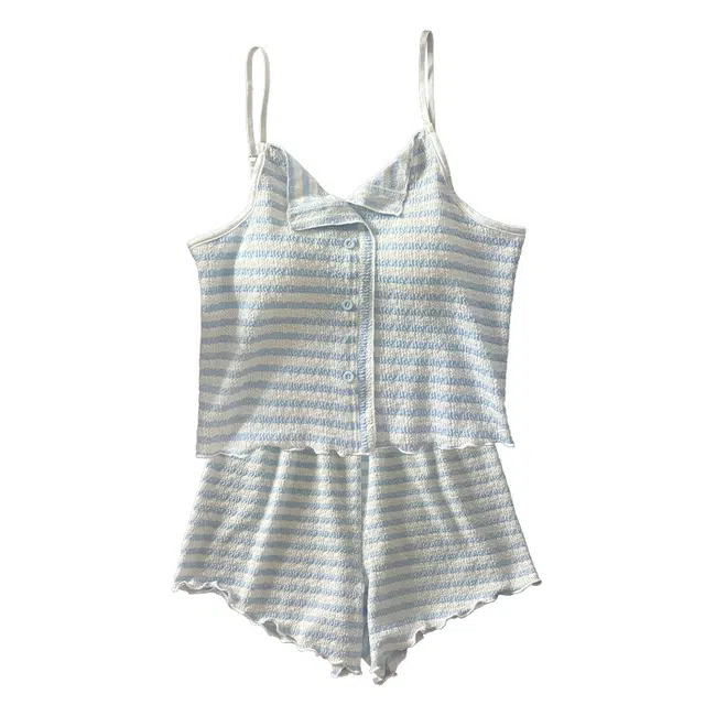 俞兆林 带胸垫柔软时尚条纹吊带无袖上衣舒适两件套家居服三分裤睡衣套装 女款