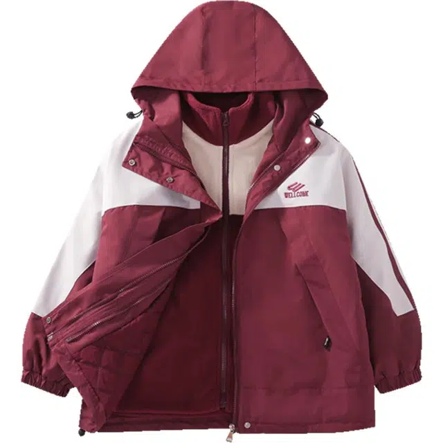 雅鹿 连帽舒适拼色长袖冲锋衣 安可拉红 青少年