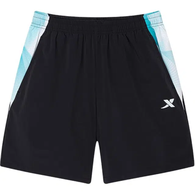 特步 拼接中腰舒适透气百搭五分篮球短裤 儿童款 纯正黑/青碧蓝