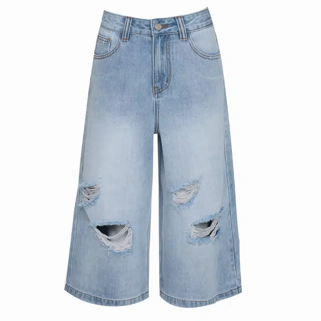 玫丝朵 破洞设计时尚潮流宽松毛边七分牛仔短裤 女款