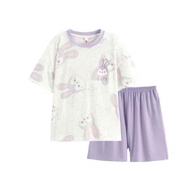 儿童款 芬腾 纯棉短袖圆领卡通可爱睡衣套装 香芋紫