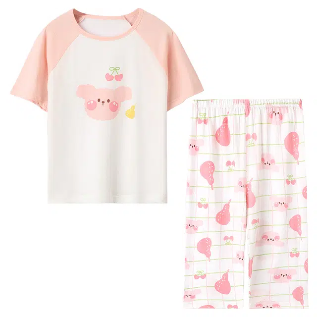 大童 红豆 抑菌防螨圆领休闲上衣透气柔软亲肤裤子睡衣套装 盈盈