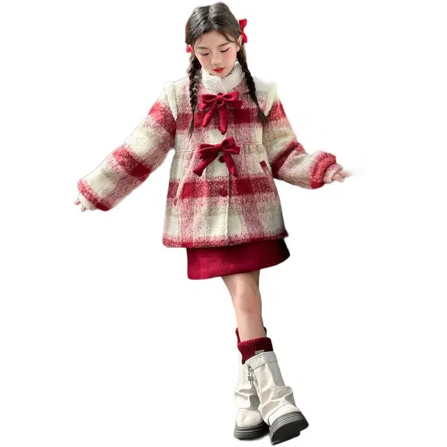 青少年 雅鹿 时尚洋气立领格子加厚长袖裙装套装 红色