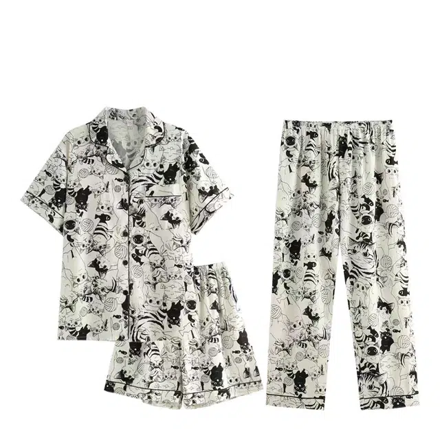 俏韵 翻领卡通小猫短袖三件套开衫宽松可爱甜美家居服可外穿睡衣套装 女款