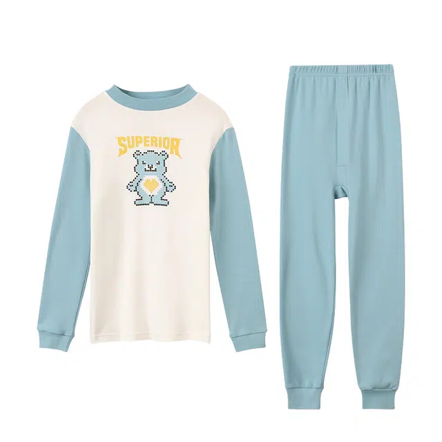 红豆 圆领舒适洋气字母爱心小熊长袖松紧腰长裤内衣套装 品月蓝青少年