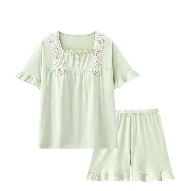 俏韵 方领纯棉简约风短袖纯色薄款家居服可外穿睡衣套装 女款