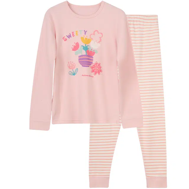 红豆 圆领舒适洋气字母花卉长袖条纹长裤内衣套装 盈盈青少年