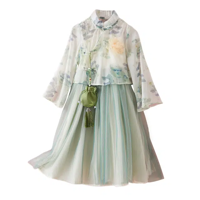 十月妈咪 简约植物花卉图案立领长袖汉服 儿童款 水墨绿