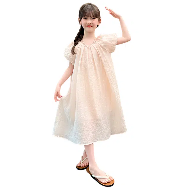 雅鹿连衣裙 百搭亲肤简约短袖 米粉色 青少年