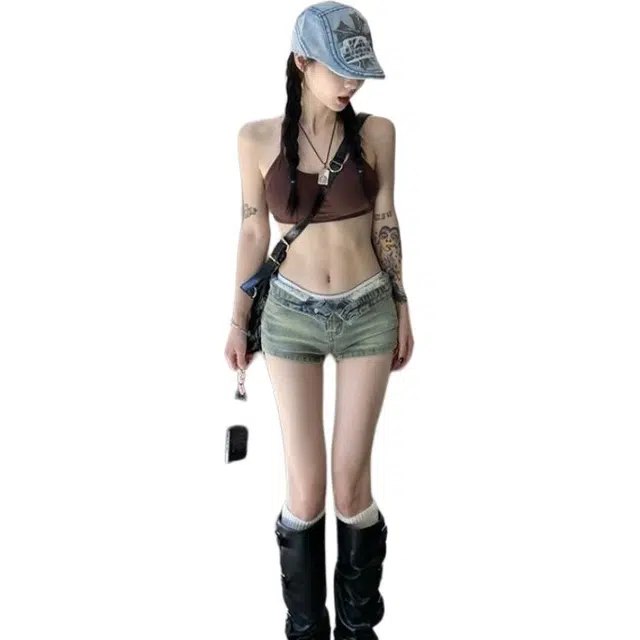 怪力萝莉 侧拉链低腰薄款设计小众辣妹修身包臀热裤牛仔短裤 女款 复古蓝