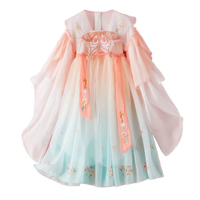 十月妈咪 简约刺绣网纱薄款舒适长袖连衣裙公主裙汉服 儿童款