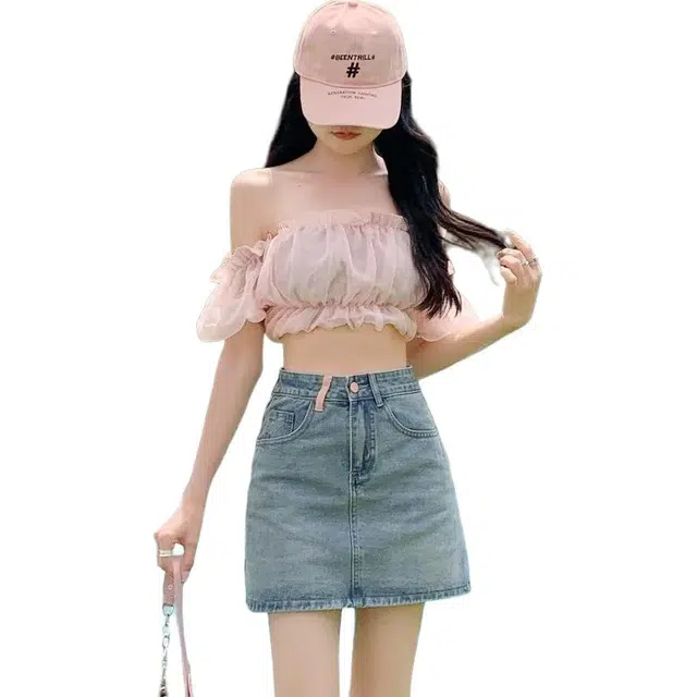 欧迪芬 简约百搭纯色高腰舒适牛仔短裙 女款 蓝色