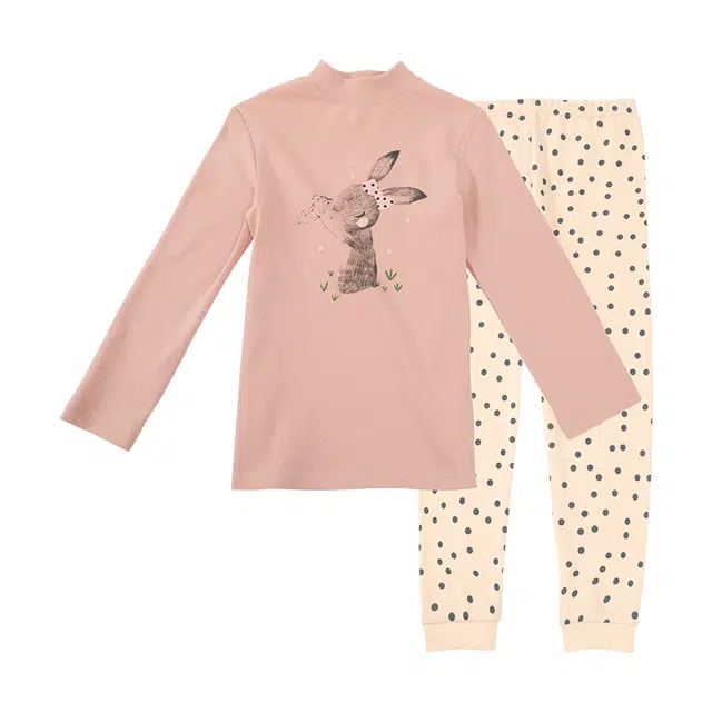 红豆 兔子印花套头上衣舒适透气长裤内衣套装 裸粉青少年