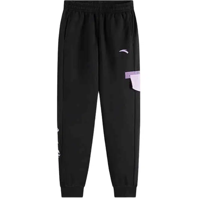 青少年 安踏儿童 拼色字母中腰舒适透气百搭加绒保暖束脚针织运动裤 梦幻黑