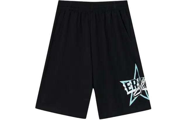 鸿星尔克儿童 印花字母中腰直筒宽松五分儿童短裤 儿童款 正黑