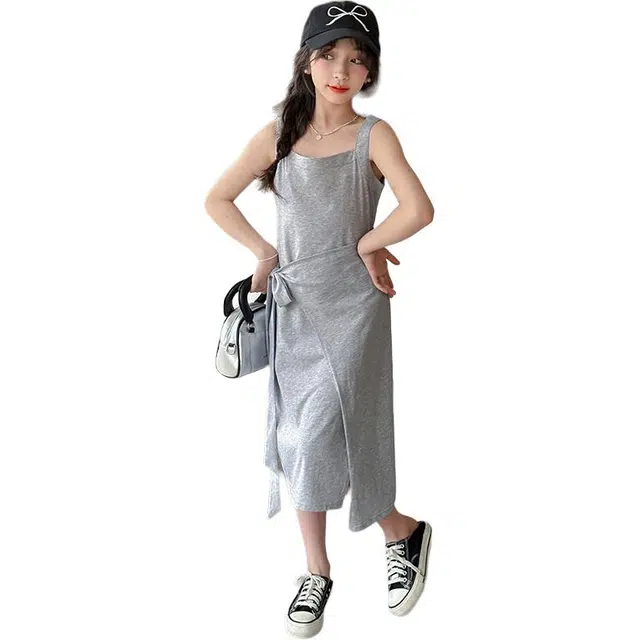 雅鹿连衣裙 个性洋气百搭无袖 灰色 青少年