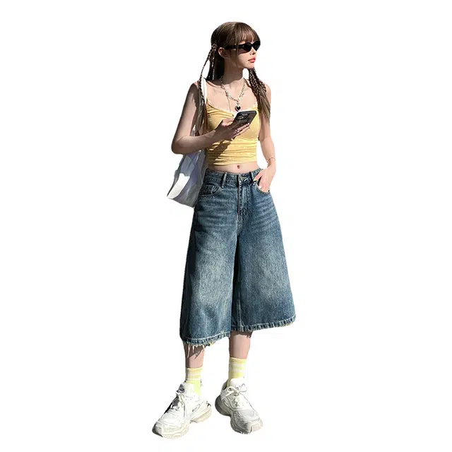 玫丝朵 美式高腰宽松阔腿裤垂感毛边牛仔短裤 女款 复古蓝