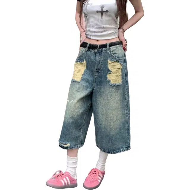 欧迪芬 做旧设计时尚潮流舒适柔软拼接元素百搭美式破洞街头休闲阔腿七分牛仔短裤 女款 复古蓝