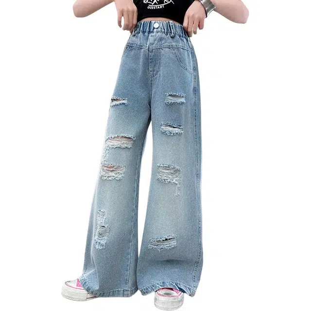 泰迪珍藏牛仔裤 破洞透气松紧腰宽松 蓝色 儿童款