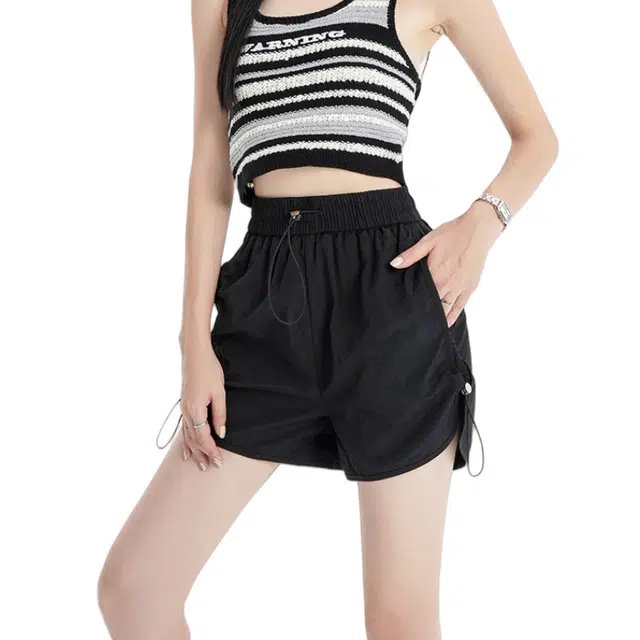 棉基因 潮流辣妹风高腰美式束脚抽绳设计卫裤阔腿裤型修饰腿型显高遮肉柔软垂顺免烫贴身舒适透气工装短裤 女款