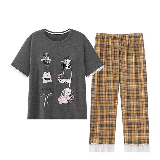 俏韵 圆领卡通短袖长裤带胸垫可爱印花薄款家居服可外穿睡衣套装 女款