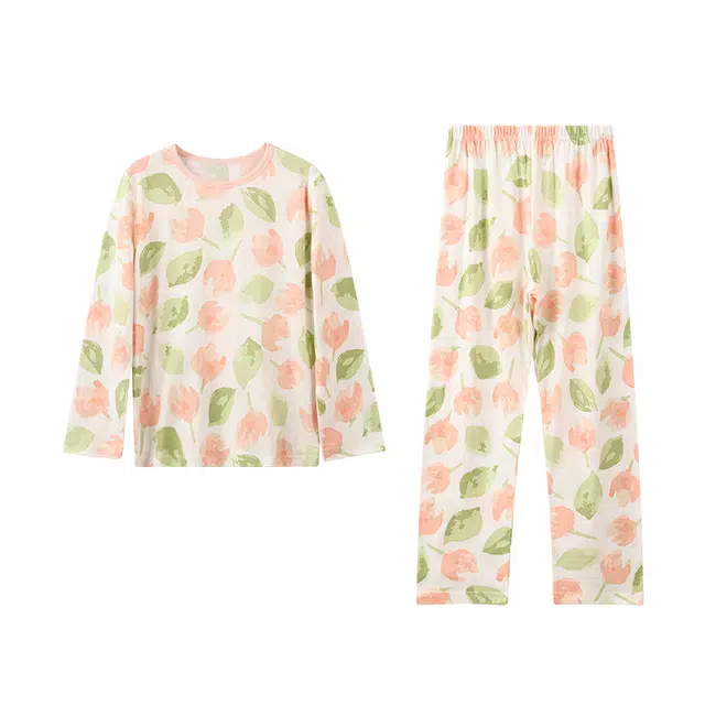 儿童款 红豆 简约圆领套头长袖上衣松紧腰长裤睡衣套装 桃夭