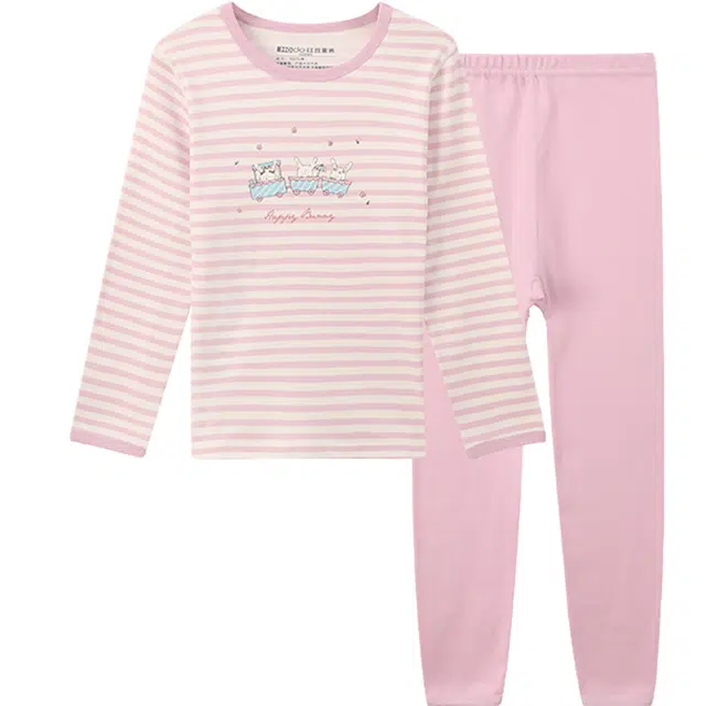 红豆 圆领舒适洋气条纹卡通图案长袖松紧腰长裤内衣套装青少年