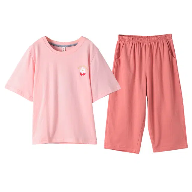 芬腾 简约圆领套头短袖上衣松紧腰七分长裤睡衣套装 儿童款