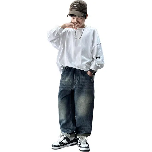 木木屋 松紧腰洋气简约舒适纯色休闲牛仔裤 青少年 蓝色