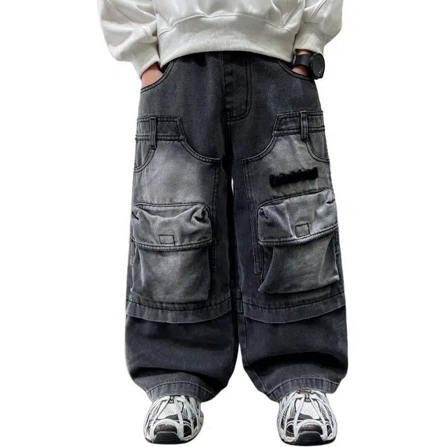 熊猫圆圆牛仔裤 时尚帅气个性立体大口袋宽松工装 黑色 儿童款