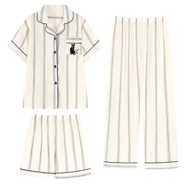 俏韵 卡通黑猫薄款短袖短裤翻领家居服可外穿睡衣套装 女款