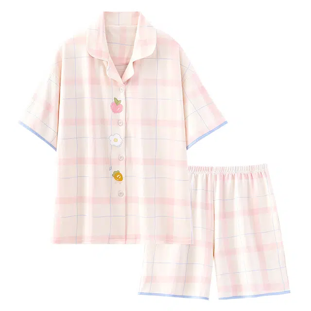 俏韵 翻领甜美带胸垫可爱短袖短裤家居服可外穿睡衣套装 女款