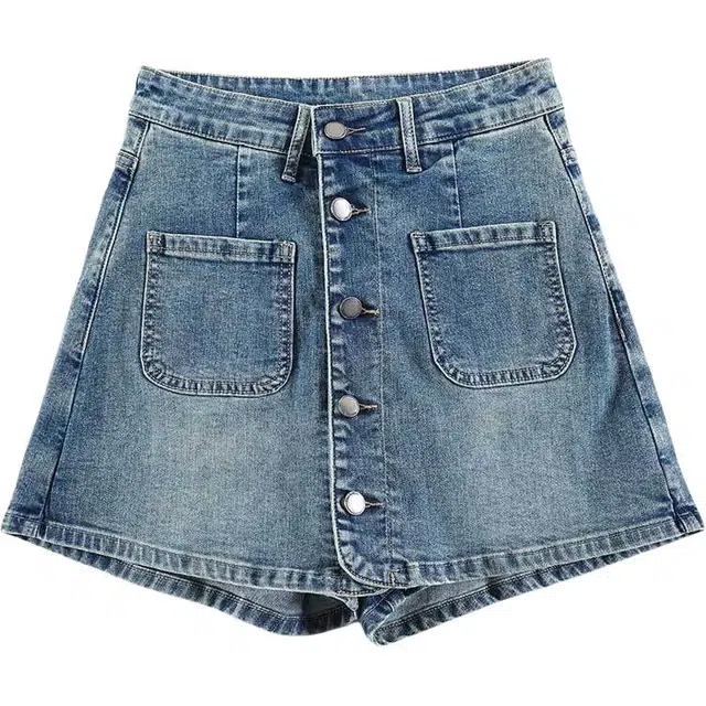 法文箱子 舒适休闲简约高腰宽松牛仔短裤 女款 蓝色