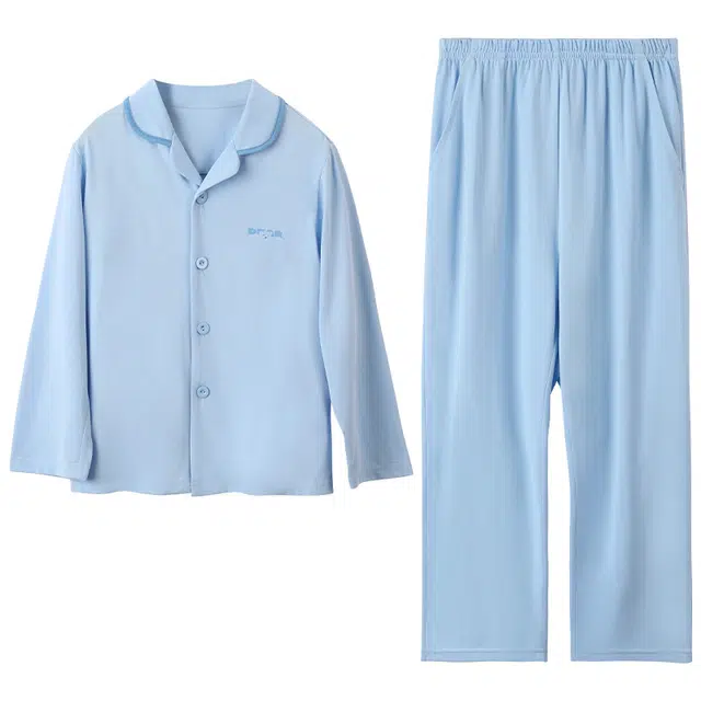 大童 红豆 翻领单排扣纯色舒适字母图案长袖睡衣套装