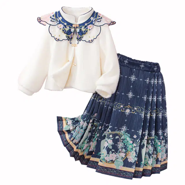 十月妈咪 汉服长袖长款半身马面裙加绒加厚裙装套装 儿童款 梦蓝花语